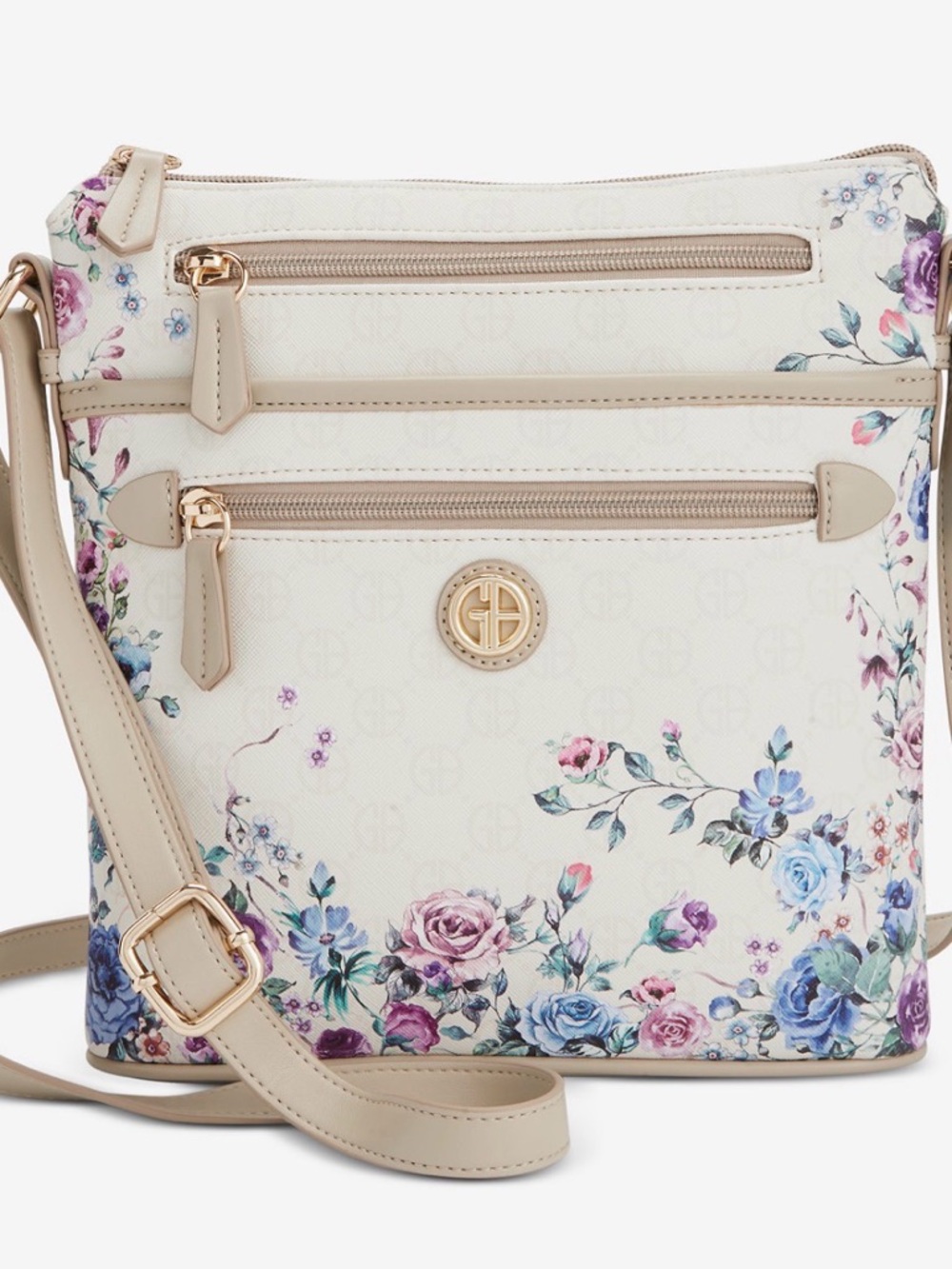 Gianni Bini Floral Crossbody with Beige Trim and Gold-Tone Accents